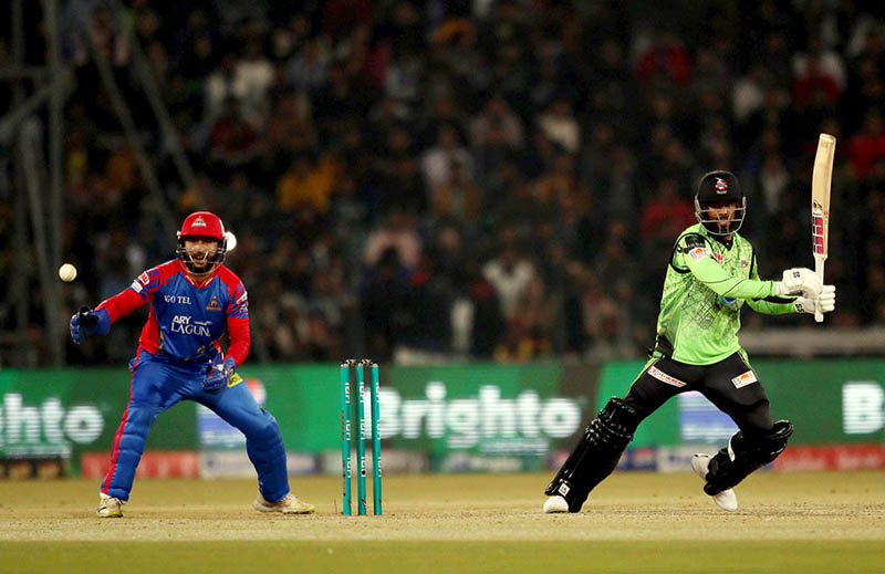 Lahore Qalanders batter Shai Hope playing shot during the Pakistan Super League (PSL) Twenty20 cricket match between Lahore Qalanders and Karachi Kings at the Gaddafi Cricket Stadium