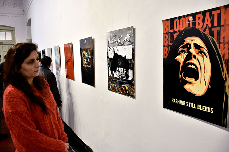 Visitor viewing the art exhibition on Kashmir Solidarity day at National College of Arts
