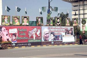 A view of banners displayed in support of Kashmiris’ right of self-determination of Indian Illegally Occupied Jammu and Kashmir (IIOJK) on the occasion of Kashmir Solidarity Day at Mall Road