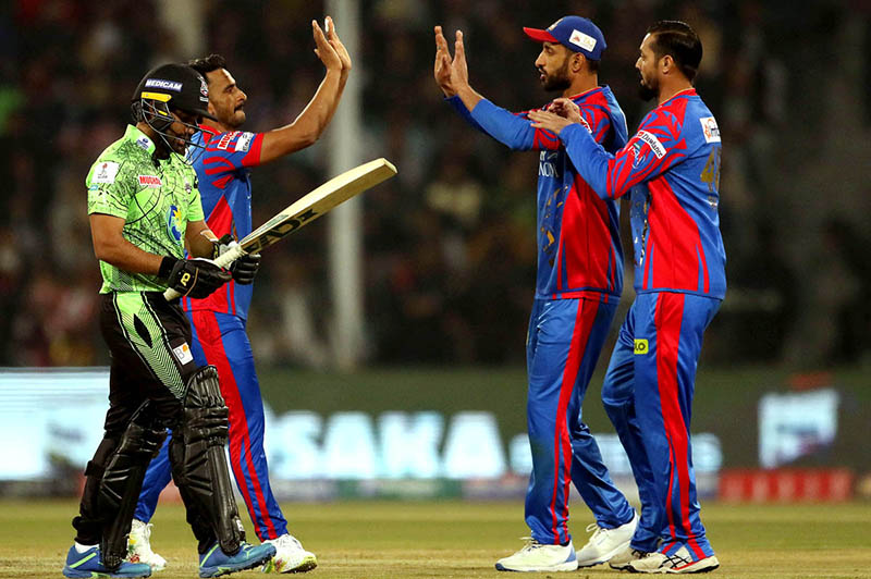 Lahore Qalanders batter Shai Hope playing shot during the Pakistan Super League (PSL) Twenty20 cricket match between Lahore Qalanders and Karachi Kings at the Gaddafi Cricket Stadium