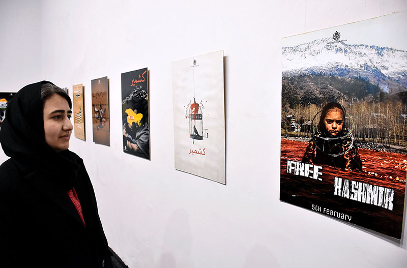 Visitor viewing the art exhibition on Kashmir Solidarity day at National College of Arts