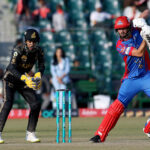 Karachi Kings player James Vince playing shot during the Pakistan Super League (PSL 9) Twenty20 cricket match between Karachi Kings and Peshawar Zalmi at the Gaddafi Cricket Stadium
