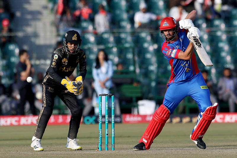 Karachi Kings player James Vince playing shot during the Pakistan Super League (PSL 9) Twenty20 cricket match between Karachi Kings and Peshawar Zalmi at the Gaddafi Cricket Stadium