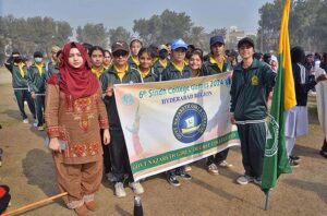 Students march-past during opening ceremony of 6th Sindh Collage Game 2024 at Degree Collage.