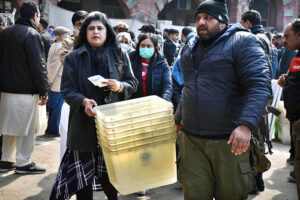 Polling staff receiving polling material at distribution Centre for General Elections 2024.