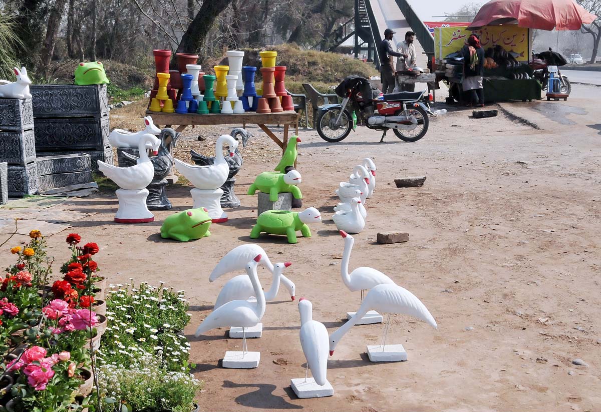 A vendor displaying colorful plant pots to attract customers at roadside in the Federal Capital.