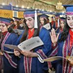 Successful and degree holder students of SZABIST taking oath during 18th Convocation of Shaheed Zulfiqar Ali Bhutto Institute of Science and Technology at SZABIST Larkana Campus