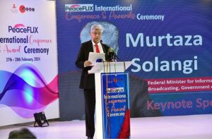 Mr. Murtaza Solangi Caretaker Federal Minister for Information and Broadcasting addressing a PeaceFLIX International Conference and Award Ceremony
