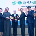 Caretaker Prime Minister Anwaar-ul-Haq Kakar receives an award conferred upon Late Mir Sultan Khan, a Chess player, posthumously from the President of International Chess Federation Mr. Arkady Dvorkovich and President Asian Chess Federation Mr. Sultan bin Khalifa Al Nahyan.
