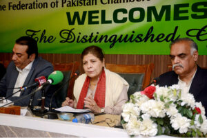 The Caretaker Federal Minister for Finance, Revenue, and Economic Affairs, Shamshad Akhtar addressing members of the Federation of Pakistan Chambers of Commerce and Industry (FPCCI)