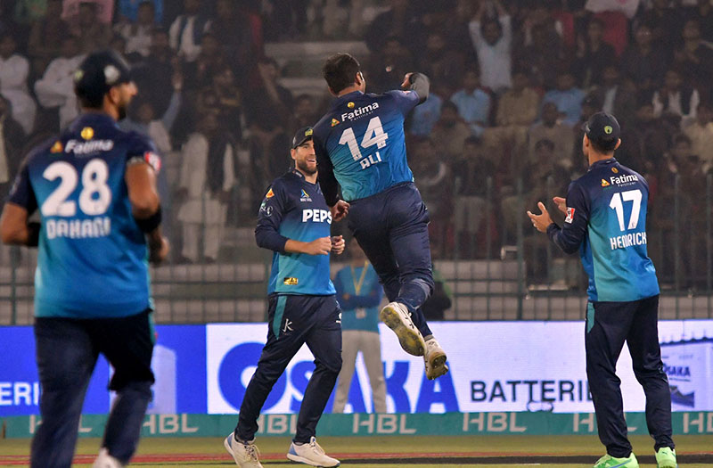 Multan Sultans bowler Mohammad Ali celebrating after taking the wicket of Lahore Qalandars batsman Sahibzada Farhan during the PSL-9 T20 cricket match between Multan Sultans and Lahore Qalandars at the Multan Cricket Stadium