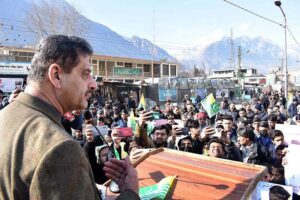 Advisor to Chief Minister Gilgit-Baltistan for Information Eiman Shah addressing during rally to mark Kashmir Solidarity Day at Garhi Bagh