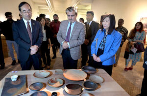 Federal Minister for National Heritage & Culture, Jamal Shah addresses the inaugural ceremony of the exhibition entitled Yakishime Earth Metamorphosis organized by The Japan Foundation, Embassy of Japan in Pakistan with the collaboration of PNCA at Pakistan National Council of the Arts