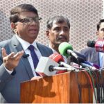 Provincial Election Commissioner Punjab Ejaz Anwar Chauhan addressing a press briefing in the Provincial Election Office