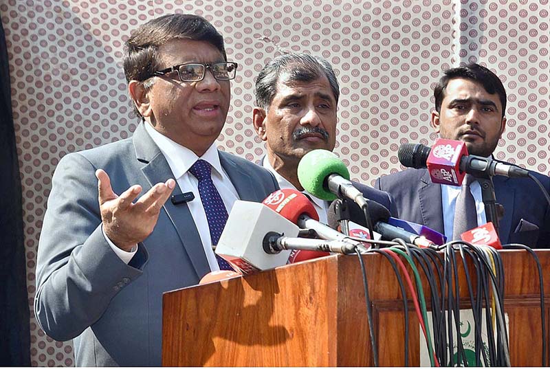 Provincial Election Commissioner Punjab Ejaz Anwar Chauhan addressing a press briefing in the Provincial Election Office