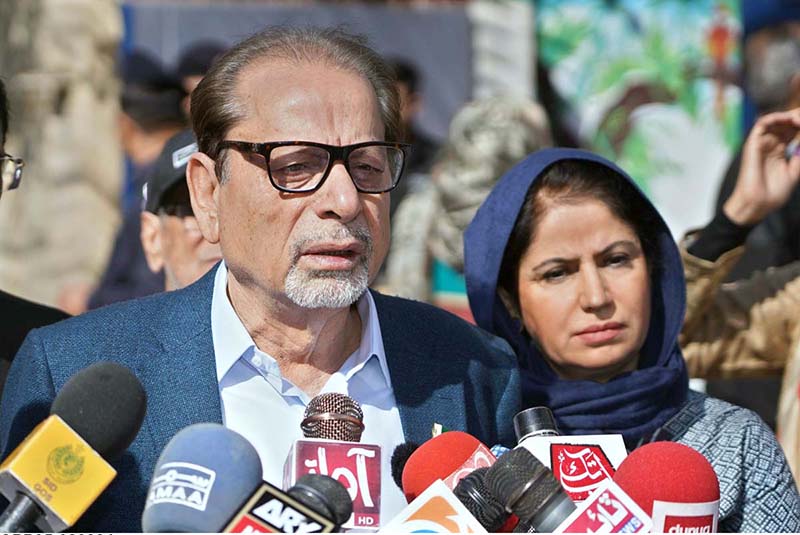 Caretaker Provincial Minister for Information, Minority Affairs, Social Protection and President of Arts Council of Pakistan Karachi Muhammad Ahmed Shah casts his vote at polling station, Clifton during General Election-2024