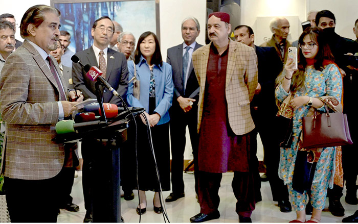 Federal Minister for National Heritage & Culture, Jamal Shah addresses the inaugural ceremony of the exhibition entitled Yakishime Earth Metamorphosis organized by The Japan Foundation, Embassy of Japan in Pakistan with the collaboration of PNCA at Pakistan National Council of the Arts