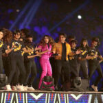 Star singers Ali Zafar and Aima Baig along with others performing on the stage at the opening ceremony of Pakistan Super League (PSL) Twenty 20 Cricket matches at Gaddafi Stadium