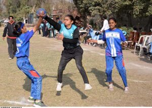 Players in action during inter-collegiate Girls Handball tournament organized by Sargodha Education board at Govt Women College Farooq Colony.