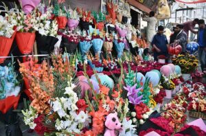 People selecting and purchasing the fresh flowers and flower bouquet at a roadside stall ahead of Valentine's Day at local market in the Provincial Capital.