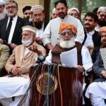 President of Jamiat Ulema-e-Islam (F), Maulana Fazal Ur Rehman addresses a media talk at G-6/4.