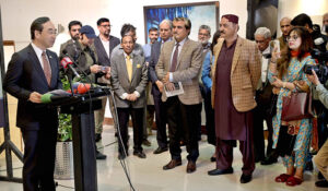 Federal Minister for National Heritage & Culture, Jamal Shah addresses the inaugural ceremony of the exhibition entitled Yakishime Earth Metamorphosis organized by The Japan Foundation, Embassy of Japan in Pakistan with the collaboration of PNCA at Pakistan National Council of the Arts