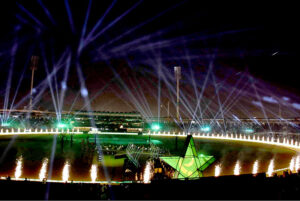 Star singers Ali Zafar and Aima Baig along with others performing on the stage at the opening ceremony of Pakistan Super League (PSL) Twenty 20 Cricket matches at Gaddafi Stadium