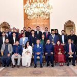 President Dr. Arif Alvi in a group photo with the recipients of Biz Net 3.0 shields in recognition of their contributions for enhancing financial inclusion through technological and digital transformation in Pakistan, at Aiwan-e-Sadr