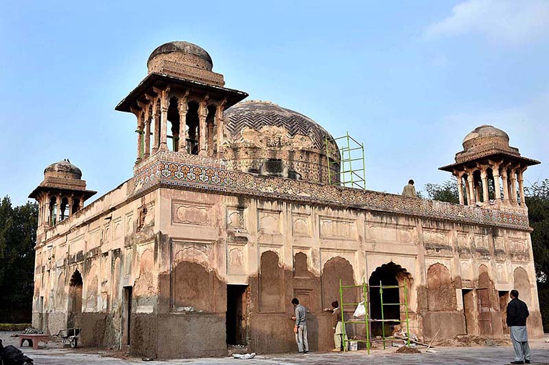 Labourers busy in renovation work of the historical Tomb of Dai Anga.Tomb of Dai Anga also known as the Gulabi Bag is a 17th-century Mughal Tomb Complex located in the Mughal-Era Suburb of Begampura, outside the Walled City of Lahore. The tomb of Dai Anga features a gateway that predates the tomb's construction. Built in 1655 C.E. by the Persian nobleman Mirza Sultan Baig, the gateway was originally the entrance to a pleasure garden