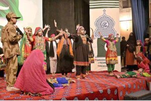Students are performing in tableau during an event organized to express solidarity with people of Indian Illegally Occupied Jammu and Kashmir (IIOJK) on the occasion of Kashmir Solidarity Day at Sargodha Arts Council