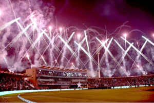 Star singers Ali Zafar and Aima Baig along with others performing on the stage at the opening ceremony of Pakistan Super League (PSL) Twenty 20 Cricket matches at Gaddafi Stadium