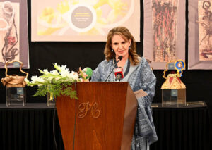 First Lady Begum Samina Arif Alvi addressing during Ceremony of an awards distributing and certificates of appreciation among the members of Floral Art Society Gardenia Chapter of Pakistan who won the Bloom Oman competition