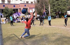 Players in action during inter-collegiate Girls Handball tournament organized by Sargodha Education board at Govt Women College Farooq Colony.