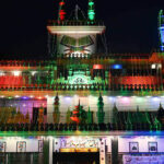 An illuminated view of mosque decorated with colourful lights in connection with Shab-e-Barat in the Provincial Capital