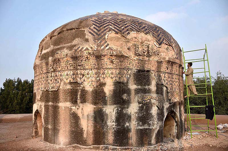 Labourers busy in renovation work of the historical Tomb of Dai Anga.Tomb of Dai Anga also known as the Gulabi Bag is a 17th-century Mughal Tomb Complex located in the Mughal-Era Suburb of Begampura, outside the Walled City of Lahore. The tomb of Dai Anga features a gateway that predates the tomb's construction. Built in 1655 C.E. by the Persian nobleman Mirza Sultan Baig, the gateway was originally the entrance to a pleasure garden