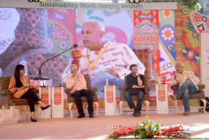 Panelists Wussatullah Khan, Zarar Khuhro and Shahzeb Jilani discussing post-election scenario at Karachi Literature Festival (KLF)