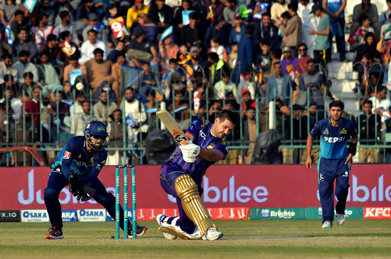 Quetta Gladiators batter Rilee Rossouw plays a shot during the PSL-9 T20 cricket match between Multan Sultans and Quetta Gladiators at the Multan Cricket Stadium