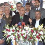 Caretaker CM Punjab Mohsin Naqvi talking to media persons during his visit to Nishtar Hospital 02.