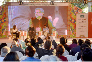 Panelists Wussatullah Khan, Zarar Khuhro and Shahzeb Jilani discussing post-election scenario at Karachi Literature Festival (KLF)