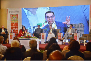 The Caretaker Federal Minister for Energy Mohammed Ali speaking in a session on ‘The Big Picture: Future of Pakistan’ of 15th Karachi Literature Festival at a local hotel