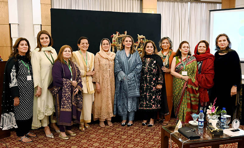 First Lady Begum Samina Arif Alvi addressing during Ceremony of an awards distributing and certificates of appreciation among the members of Floral Art Society Gardenia Chapter of Pakistan who won the Bloom Oman competition