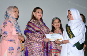 First Lady Samina Alvi addressing during 'Teachers Appreciation Day' ceremony held by Behbud Girls College and Higher Secondary School at Behbud Association