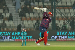 Islamabad United batter Colin Munro clean bowled by the Multan Sultans bowler Muhammad Ali during the PSL Twenty20 cricket match between Multan Sultans and Islamabad United at Multan Cricket Stadium