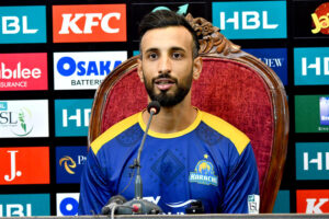 Captain of Karachi Kings Shan Masood addressing a pre-match press conference at Multan Cricket Stadium