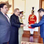 The non-resident Ambassador of Mongolia to Pakistan, Mr Tuvvshin Badra, presenting his diplomatic credentials to President Dr. Arif Alvi, at Aiwan-e-Sadr