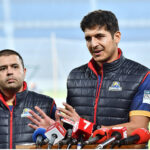Fast Bowler from Karachi Kings Mir Hamza talking to media persons before practice session in preparation of PSL 9 at Multan Cricket Stadium