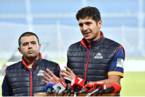 Fast Bowler from Karachi Kings Mir Hamza talking to media persons before practice session in preparation of PSL 9 at Multan Cricket Stadium