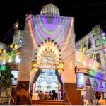 An illuminated view of Kachhi Masjid decorated with colourful lights on the occasion of Shab-e-Barat
