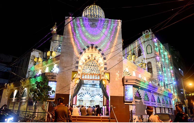 An illuminated view of Kachhi Masjid decorated with colourful lights on the occasion of Shab-e-Barat