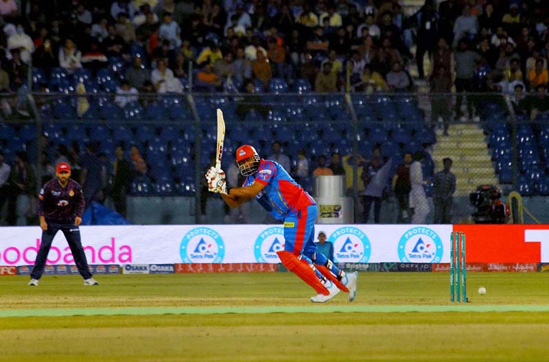 Karachi Kings' Kieron Pollard plays a shot during the Pakistan Super League (PSL 9) Twenty20 cricket match between Karachi Kings and Islamabad United at the National Cricket Stadium